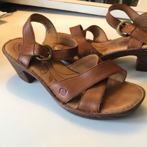 Born leather and wood stacked heel sandals
